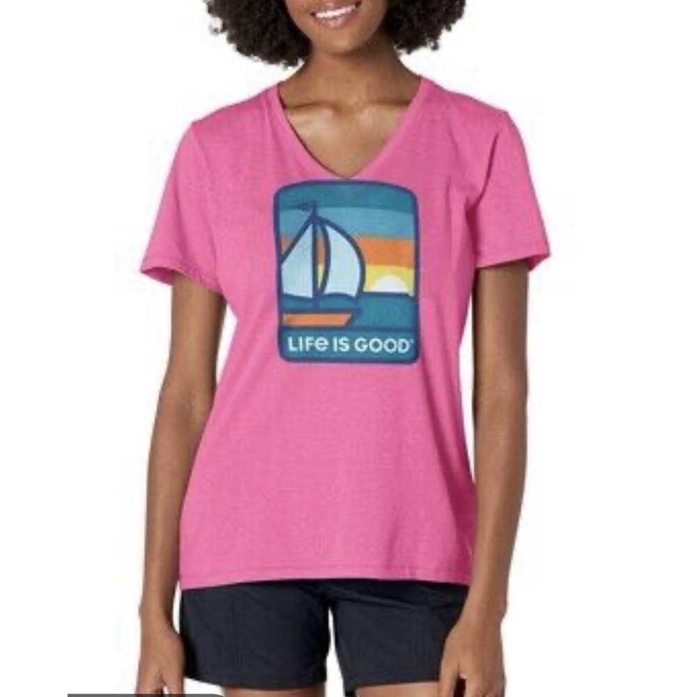 Life is Good Hot Pink Sailboat Graphic Cool Tee V-Neck T-Shirt Large
